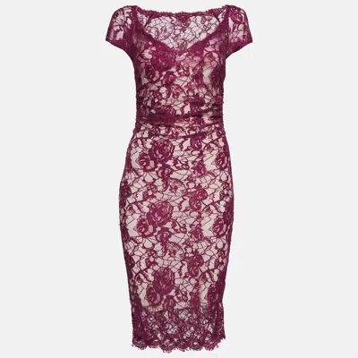 Pre-owned Emilio Pucci Burgundy Floral Lace Scalloped Trim Ruched Dress S