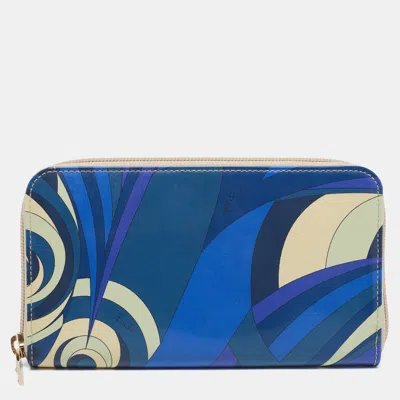 Emilio Pucci Color Printed Patent Leather Zip Around Wallet In Blue