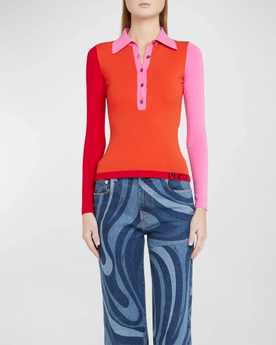 Emilio Pucci Colourblock Long-sleeve Polo Jumper In Arancio/rosa