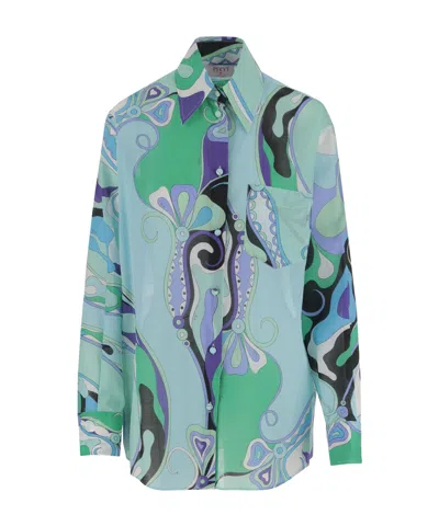 Emilio Pucci Cotton Shirt With Orchid Print In Green