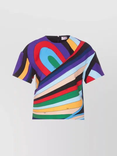 Emilio Pucci Cropped Crew Neck Short Sleeves Patterned Top In Multicolour