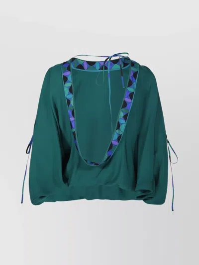 Emilio Pucci Draped Sleeve Geometric Trim Open Back Blouse
