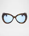 Pucci Emilio  56mm Round Sunglasses In Shiny Dark Havana Bright Blue Lenses