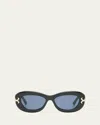 Pucci Filigree Acetate Round Sunglasses In Shiny Black Pale Gold White Smoke Blue Lenses