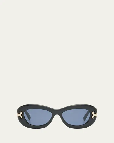 Pucci Filigree Acetate Round Sunglasses In Shiny Black Pale Gold White Smoke Blue Lenses
