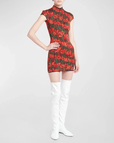 Emilio Pucci Floral Knit Mock-neck Cap-sleeve Mini Dress In Arancionero