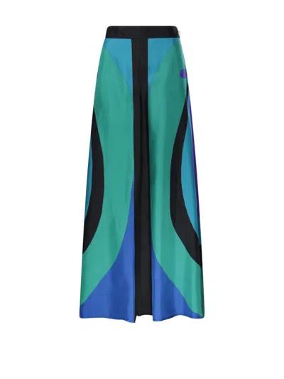 Emilio Pucci Flowing Silk Trousers With Abstract Teal
