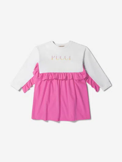 Emilio Pucci Kids' Girls Cotton Ruffle Trim Logo Dress 12 Yrs Pink