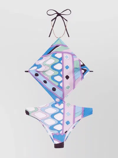 Emilio Pucci Graphic Swimsuit With Chain Strap Detail In Multi