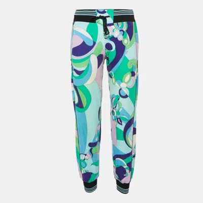 Pre-owned Emilio Pucci Green Printed Velvet Track Trousers S