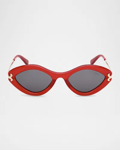 Emilio Pucci Logo Acetate & Metal Oval Sunglasses In Shiny Red Smoke