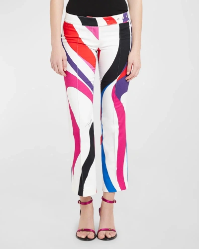 Emilio Pucci Low-rise Swirl-print Pintuck Slim-leg Ankle Trousers In Bianco/rosso