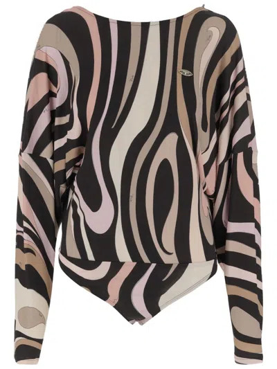 Emilio Pucci Marble Print Bodysuit With Flowing Cape Sleeves
