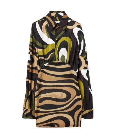 Emilio Pucci Marmo Print Long Sleeves Mini Dress In Khaki