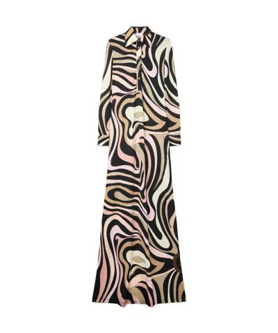 Emilio Pucci Marmo Print Long Straight Fitted Dress In Black
