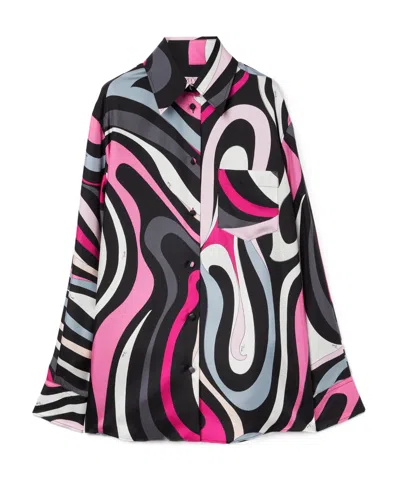Pucci Marmo Print Silk Shirt In Black And Fuchsia