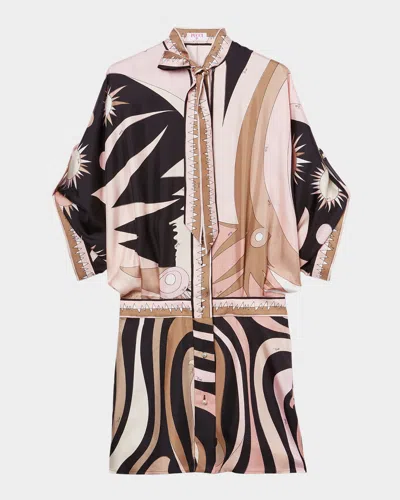 PUCCI MARMO SILK NECK-TIE 3/4-SLEEVE MINI SHIRTDRESS