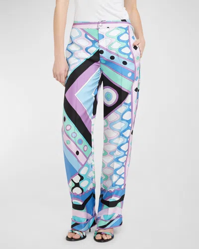 Emilio Pucci Mid-rise Abstract-print Straight-leg Satin Pajama Trousers In Celestebianco