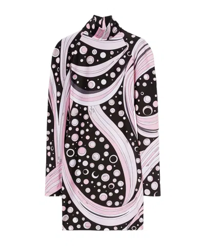 Emilio Pucci Turtleneck Long-sleeve Printed Mini Dress In Black