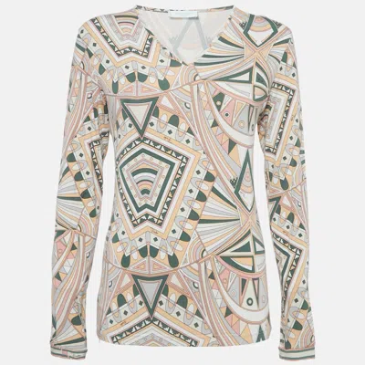 Pre-owned Emilio Pucci Multicolor Printed Jersey V-neck Long Sleeve Top M