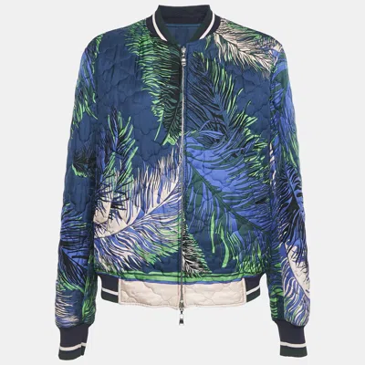 Pre-owned Emilio Pucci Multicolor/navy Blue Printed Silk Zip-up Reversible Bomber Jacket L