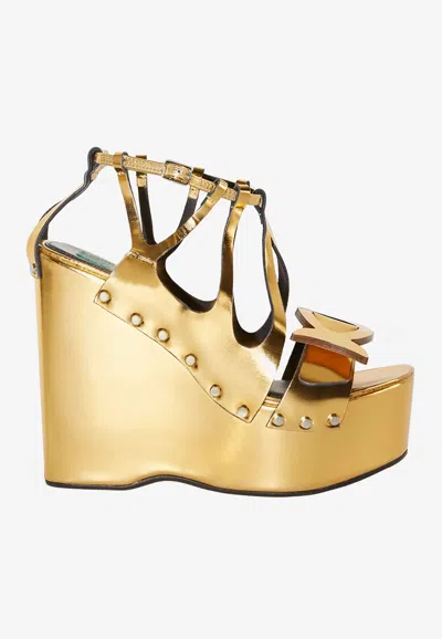 Pucci Fish-plaque Wedge Sandals In Gold