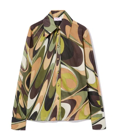 Emilio Pucci Onde Print Cotton Shirt In Khaki