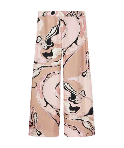 Emilio Pucci Orchidee Print Silk Twill Wide-leg Pants In Beige