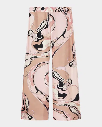 Emilio Pucci Orchidee-print Silk Twill Wide-leg Pants In Beige