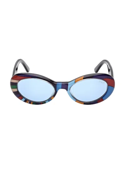 Pucci Oval Sunglasses In Shiny Iride Pattern & Blue