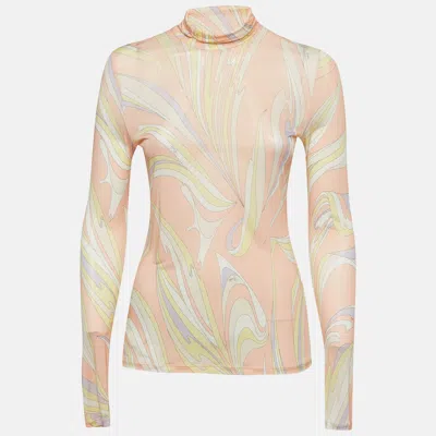 Pre-owned Emilio Pucci Pastel Pink Abstract Print Jersey High Neck Long Sleeve Top M