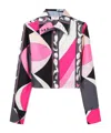Pucci Pesci Print Cropped Silk Shirt In Black And Fuchsia