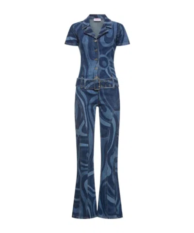 Emilio Pucci Printed Denim Long-sleeve Jumpsuit