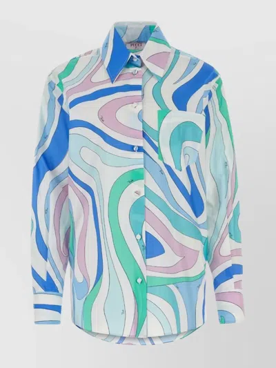 Emilio Pucci Printed Design Poplin Shirt With Cuff Sleeves In Blue