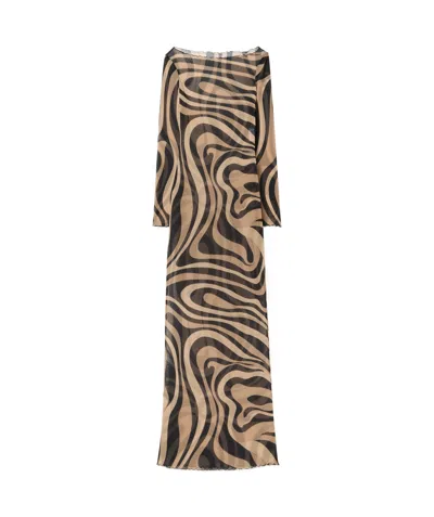 Emilio Pucci Marmo Print Tulle Dress In Black And Beige