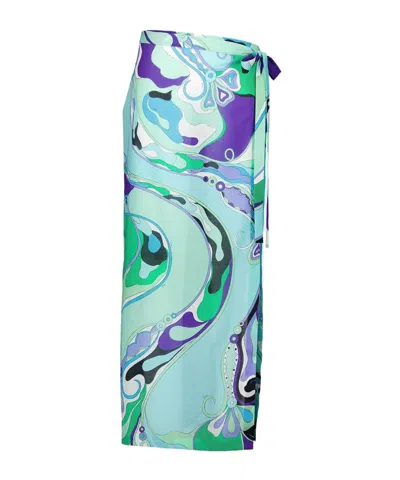 Emilio Pucci Green And Lilac Orchidee-print Cotton Wrap Skirt In Blue