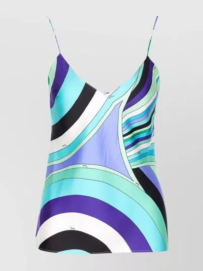 Emilio Pucci Printed V-neck Spaghetti Strap Top In Blue
