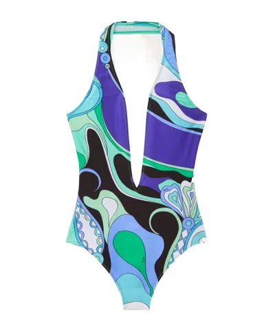 Emilio Pucci Pucci Pattern-printed One-piece Swimsuit In Blue