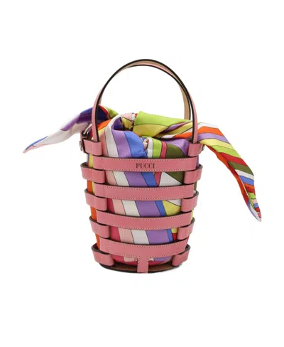 Pucci Scarf-detail Leather Bucket Bag In Pink