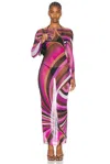 Pucci Boat Neck Long Sleeve Sheer Dress In Fuxia & Narrone