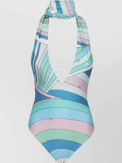 Emilio Pucci Shiny Lycra Striped Halter Neck Swimsuit In Multi