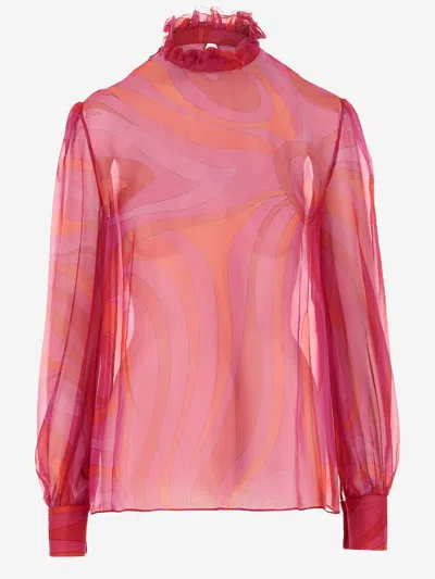 Pucci Emilio  Silk Chiffon Blouse With Marble Print In Gray