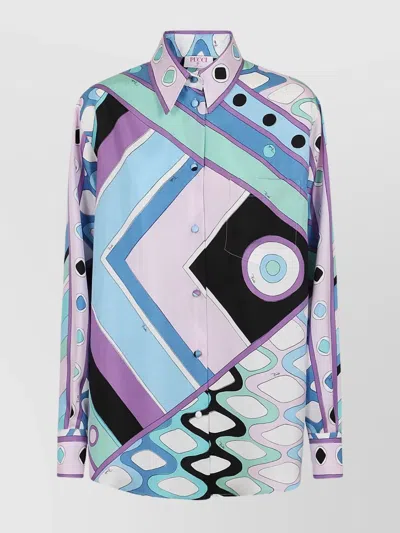 Emilio Pucci Silk Twill Geometric Print Shirt With Buttoned Cuffs In Multicolour