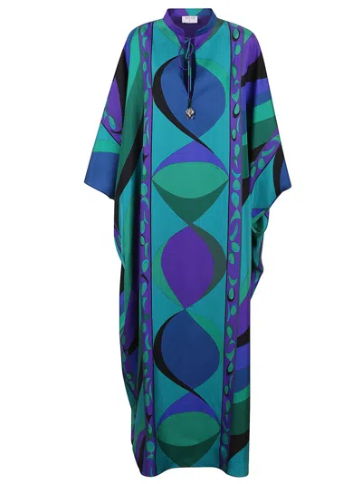 Emilio Pucci Silk Twill Kaftan With Vibrant Pisces Print In Blue