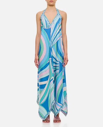 Emilio Pucci Silk Twill Long Dress In Sky Blue