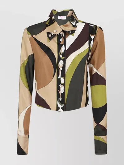 Emilio Pucci Silk Twill Long Sleeve Shirt With Printed Design In Multi