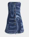 Pucci Strapless Marmo-print Denim Button-front Mini Dress In Blu Medio