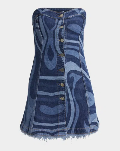 Emilio Pucci Strapless Marmo-print Denim Button-front Mini Dress In Blu Medio