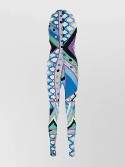 Emilio Pucci Stretch Nylon Jumpsuit Geometric Print In Blue