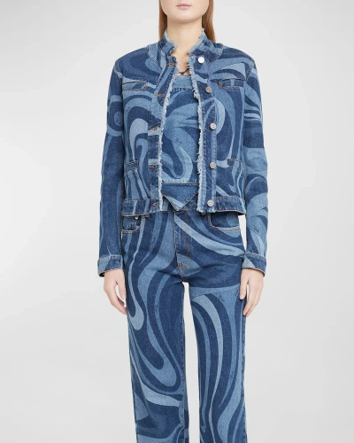 Emilio Pucci Swirl-print Denim Button-front Jacket In Blu/medio